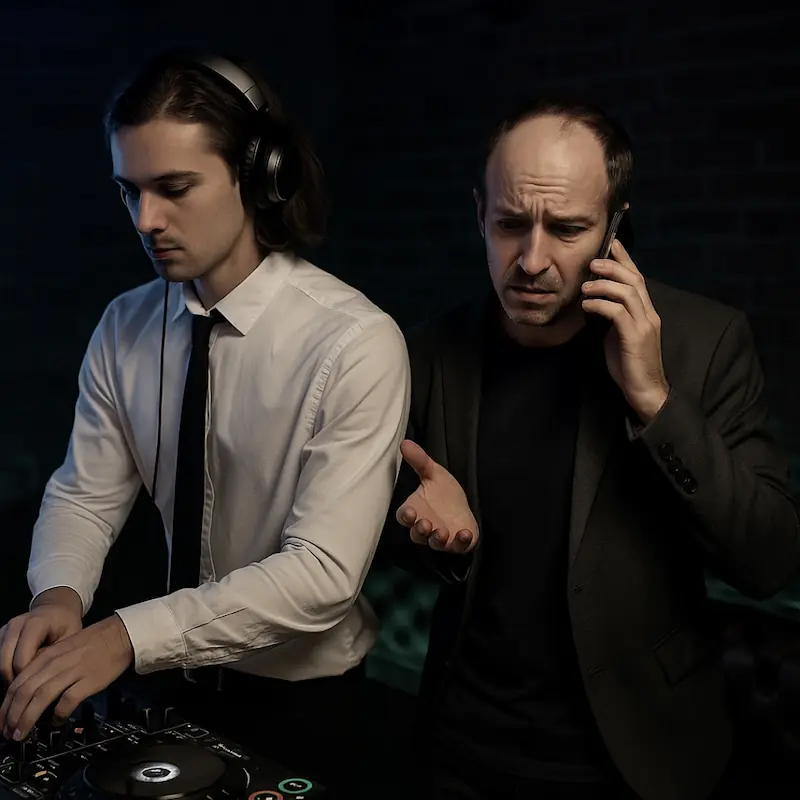 Das Bild zeigt einen sichtlich gestressten Veranstalter, der telefoniert, während ein Ersatz-DJ verunsichert am Mischpult steht. Es symbolisiert eines der größten Risiken im Eventgeschäft: fehlende Planbarkeit bei spontanen Ausfällen. Ohne strukturiertes System können Ersatz-DJs den musikalischen Flow nicht halten – Übergänge brechen, das Publikum verliert Energie, und das Vertrauen des Veranstalters steht auf dem Spiel.
Das Party DJ Setbook bietet hier die Lösung: ein vollständig aufgebautes System, das auch im Notfall funktioniert – nahtlos, professionell und ohne Qualitätsverlust.