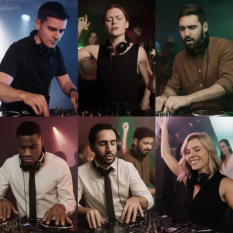 Collage aus sechs professionellen DJs mit unterschiedlichen Stilen und Emotionen – Sinnbild für uneinheitliche Markenidentität und fehlende Wiedererkennung im DJ-Team.