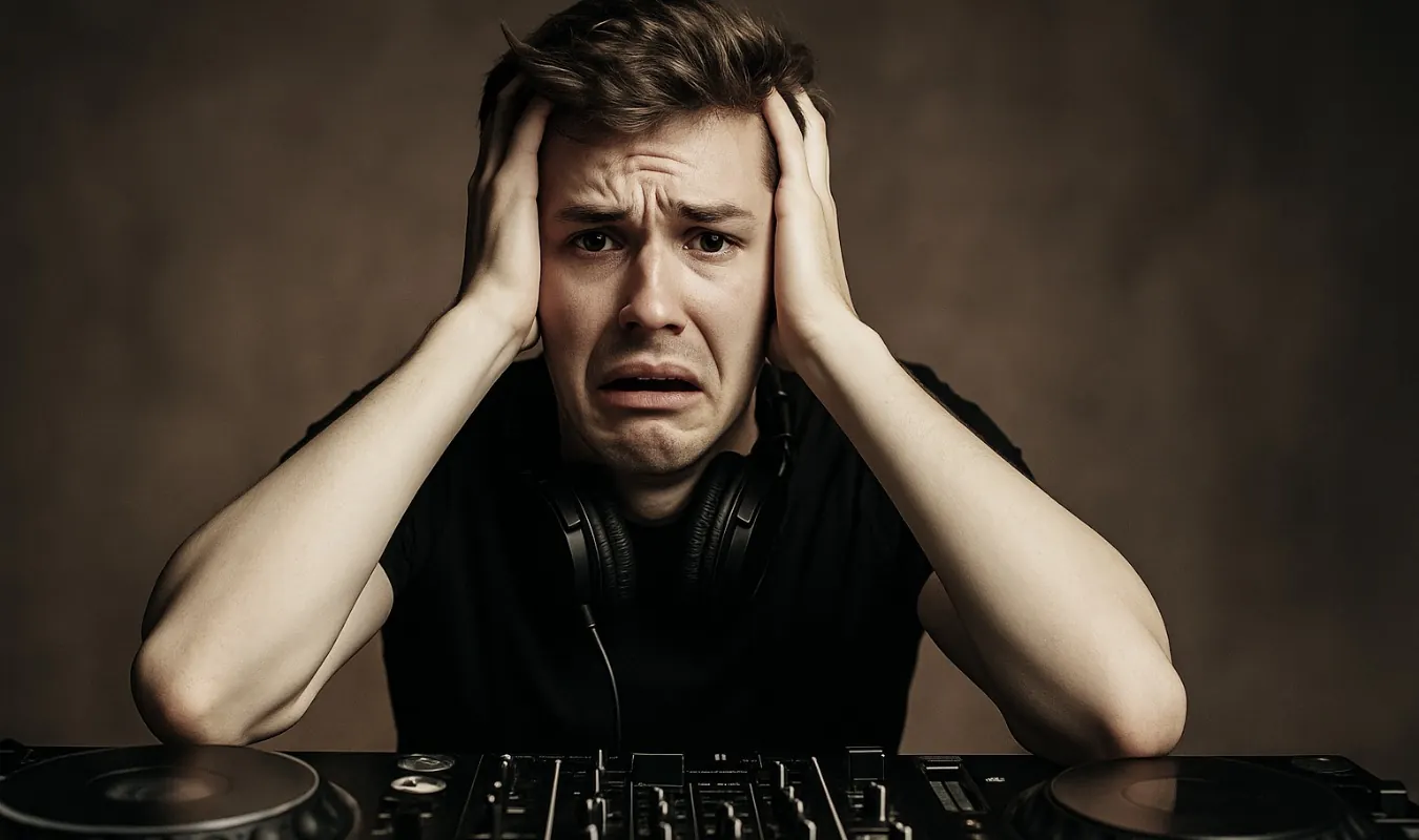 Ein überforderter junger DJ sitzt verzweifelt am Mischpult, weil seine Playlist nicht funktioniert.