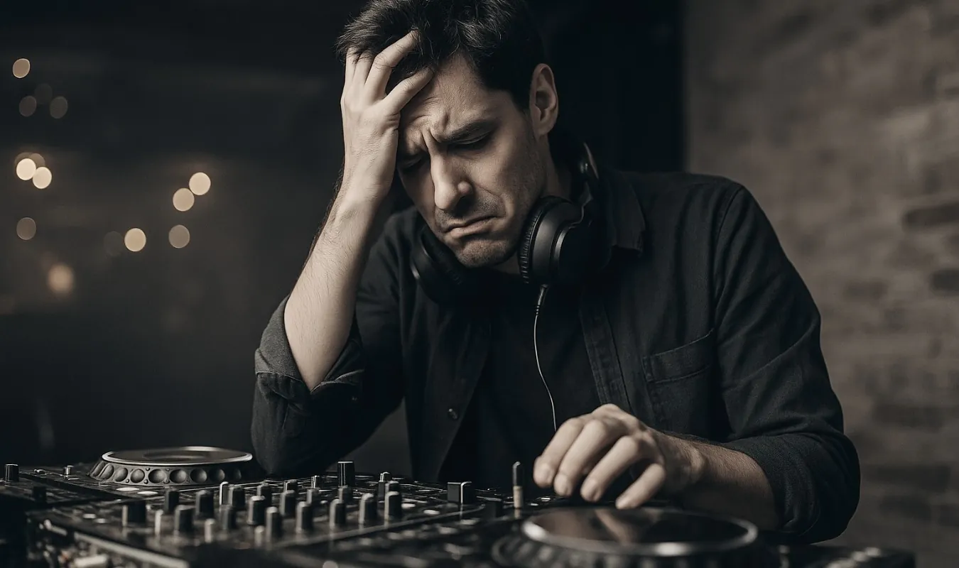 Ein gestresster Semi-Pro-DJ steht verzweifelt am Mischpult, weil seine Übergänge und Energie brechen.
