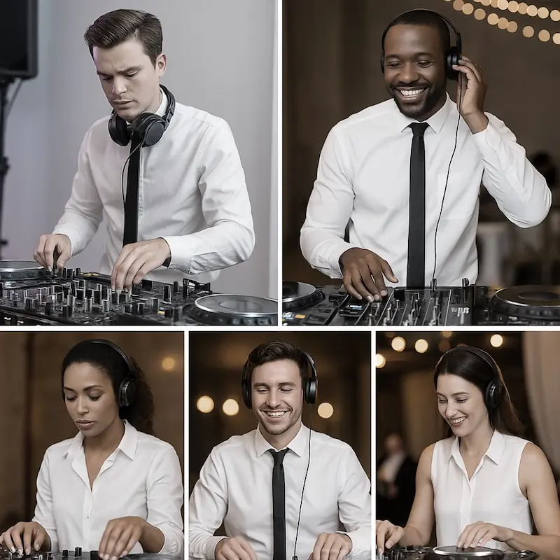 Fünf DJs beim Auflegen mit unterschiedlicher Konzentration und Energie – Sinnbild für schwankende Performance und Qualitätsunterschiede im DJ-Team.