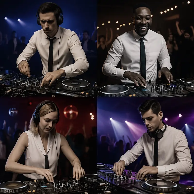 Vier professionell gekleidete DJs beim Auflegen, die durch unharmonische Tonartenwechsel unbewusst Energie im Set verlieren – Symbol für fehlende Harmonie und Camelot-System-Kompetenz.