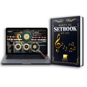 Laptop mit DJ-Software und Camelot-System-Visualisierung neben dem Party DJ Setbook – Symbol für professionelles DJ-Management und harmonische Übergänge.