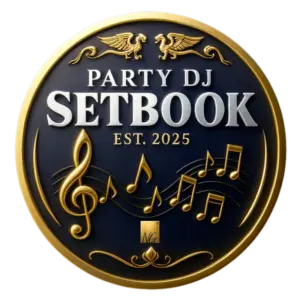 Rundes, edles Qualitätssiegel in Schwarz-Gold mit der Aufschrift „Party DJ Setbook – Est. 2025“ und goldenen Musiksymbolen, das Premium-DJ-Qualität und offizielle Lizenzierung signalisiert.
