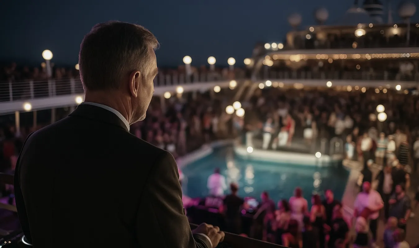 Ein Eventmanager blickt gelassen von der Empore auf ein exklusives Event auf einem Luxusschiff – mit DJs, die nach dem Party DJ Setbook spielen.