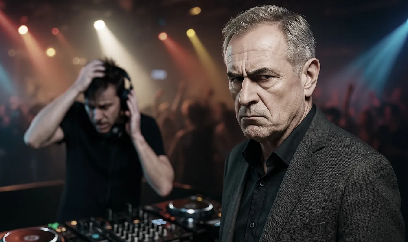Ein enttäuschter Veranstalter steht vor einem nervösen DJ mit schlechtem Flow und unsicheren Übergängen.