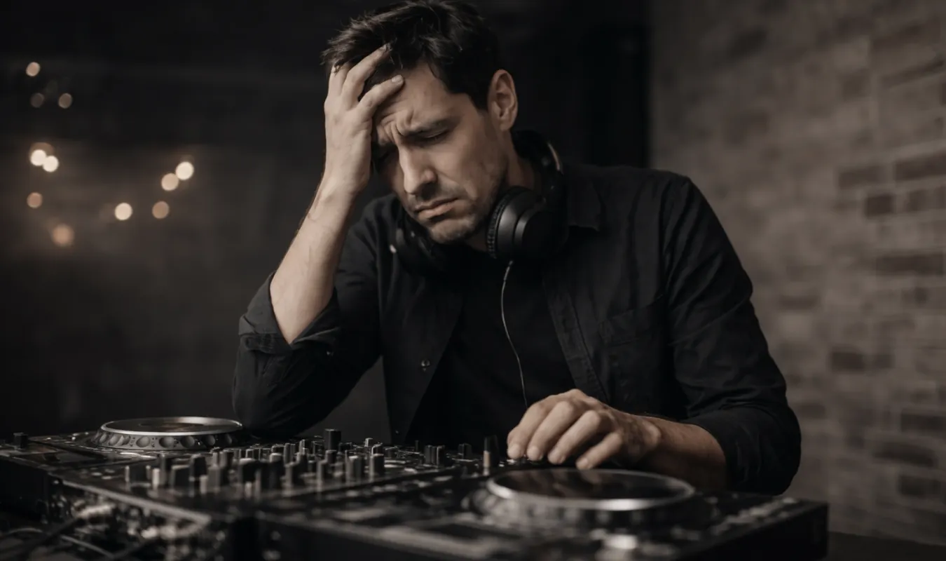Ein gestresster DJ steht verzweifelt am Mischpult, weil seine Übergänge und Energie brechen.