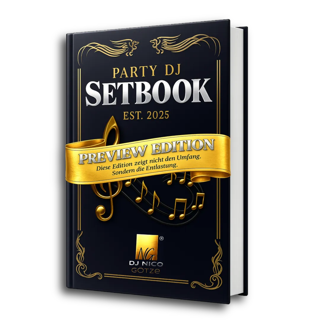 Cover der Party DJ Setbook Preview Edition – ein DJ-System, das zeigt, wie sich DJing anfühlt, wenn Entscheidungen nicht im Moment entstehen.