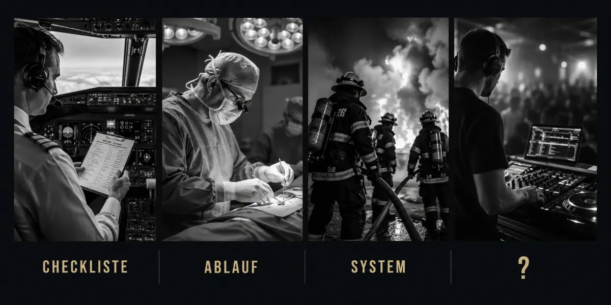 Vier Berufsbilder im Vergleich: Pilot mit Checkliste, Chirurg mit OP-Ablauf, Feuerwehr mit System und DJ ohne vergleichbares Navigationssystem für musikalische Entscheidungen.