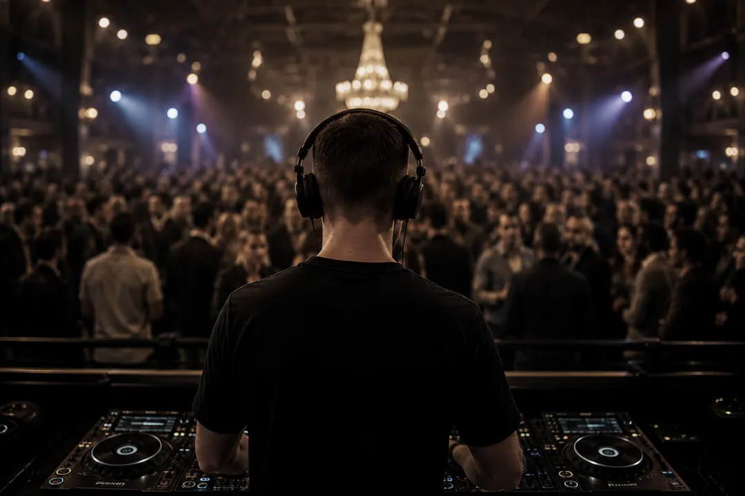 DJ bei einem Business Event vor voller Tanzfläche als Symbol für individuelle DJ Performance